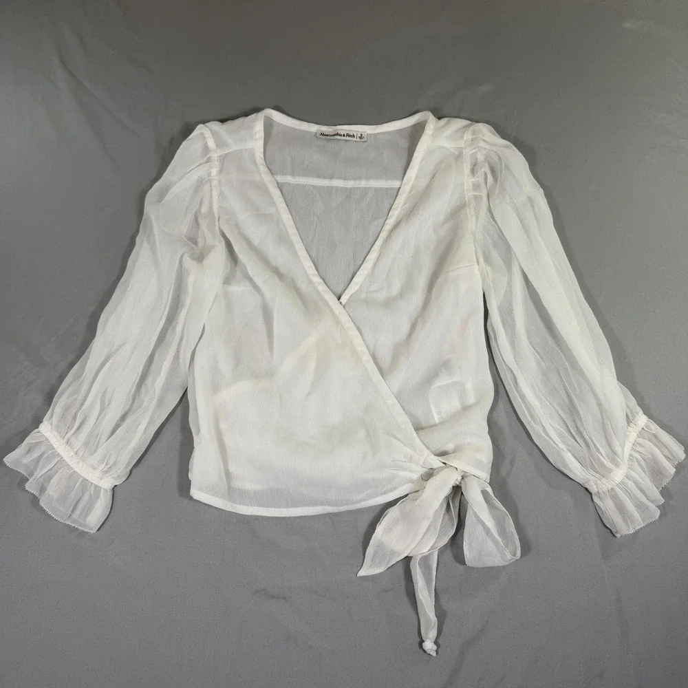 Abercrombie & Fitch White Chiffon Wrap Blouse Ruffle Cuff S Coquette Balletcore